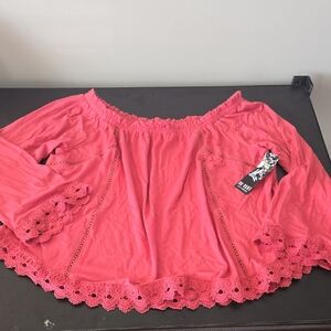 One Heart Coral Red Off Shoulder Long Sleeve Embroidered Hem Top Size XL